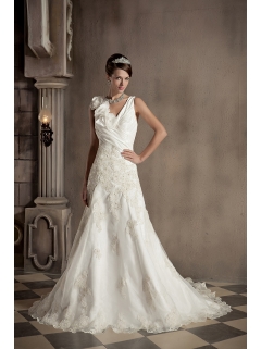 A-line V-neck Appliques and Hand Made Flowers Wedding Dress