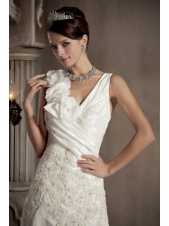 A-line V-neck Appliques and Hand Made Flowers Wedding Dress