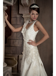 A-line V-neck Appliques and Hand Made Flowers Wedding Dress