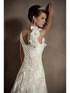 A-line V-neck Appliques and Hand Made Flowers Wedding Dress