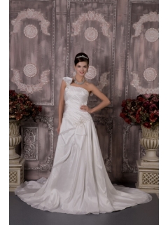 Luxurious One Shoulder Court Train Wedding Dress with Half Bow Accents