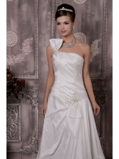 Luxurious One Shoulder Court Train Wedding Dress with Half Bow Accents