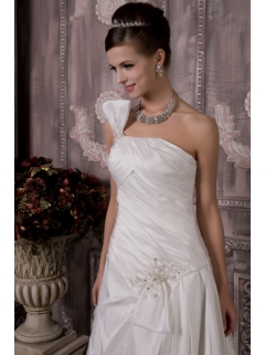 Luxurious One Shoulder Court Train Wedding Dress with Half Bow Accents