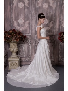 Luxurious One Shoulder Court Train Wedding Dress with Half Bow Accents