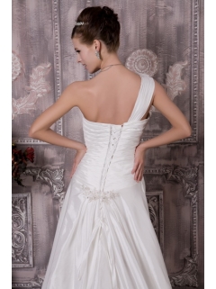 Luxurious One Shoulder Court Train Wedding Dress with Half Bow Accents