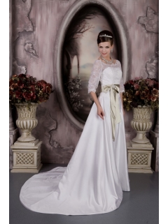 Bateau Neckline 3 4 Lace Sleeves White Wedding Dress with Olive Bow Sash