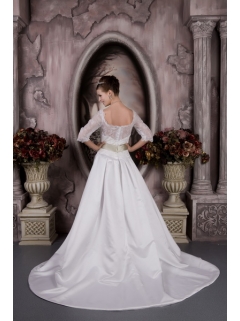 Bateau Neckline 3 4 Lace Sleeves White Wedding Dress with Olive Bow Sash
