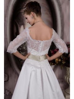 Bateau Neckline 3 4 Lace Sleeves White Wedding Dress with Olive Bow Sash
