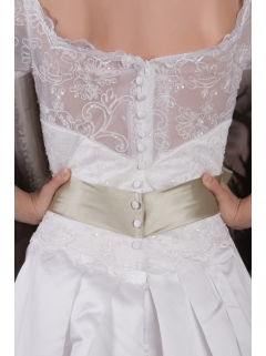Bateau Neckline 3 4 Lace Sleeves White Wedding Dress with Olive Bow Sash