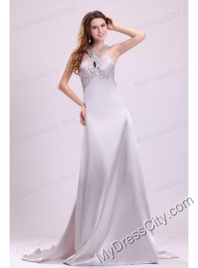 A-line Gray Straps Beading and Ruching Brush Train Prom Dress