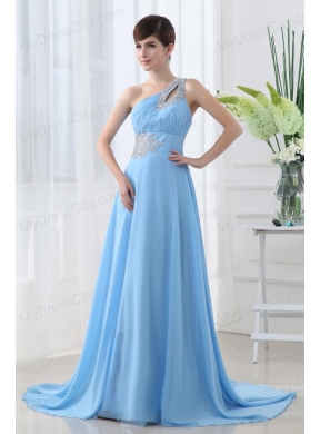 Aqua Blue One Shoulder Beading and Ruching Court Train Prom Dress