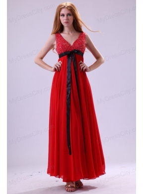 Beading Ankle-length V-neck Chiffon 2014 Prom Dress in Red