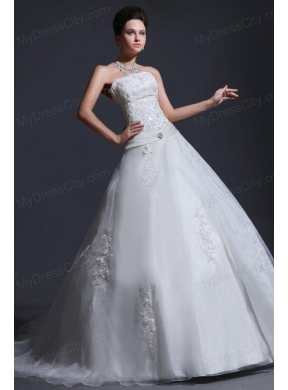 2014 Appliques Ball Gown Court Train Wedding Dress with Strapless