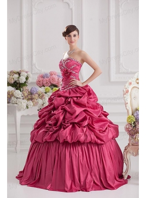 2014 Spring Ball Gown Sweetheart Hand Made Flowers Beading Pick-ups Quinceanera Dress in Red