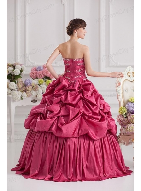2014 Spring Ball Gown Sweetheart Hand Made Flowers Beading Pick-ups Quinceanera Dress in Red