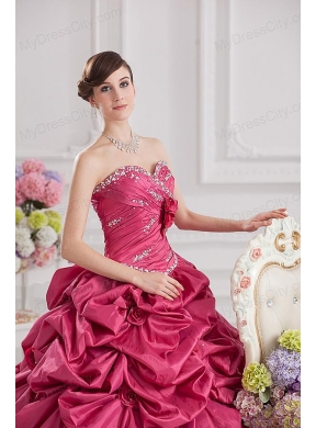 2014 Spring Ball Gown Sweetheart Hand Made Flowers Beading Pick-ups Quinceanera Dress in Red