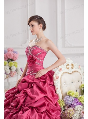 2014 Spring Ball Gown Sweetheart Hand Made Flowers Beading Pick-ups Quinceanera Dress in Red