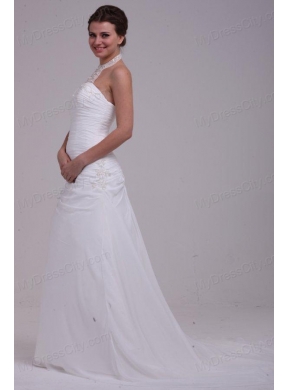 A-Line Halter Ruching and Appliques Chiffon Wedding Dress