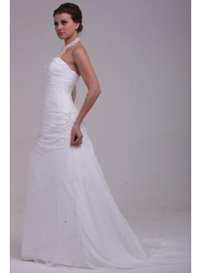 A-Line Halter Ruching and Appliques Chiffon Wedding Dress