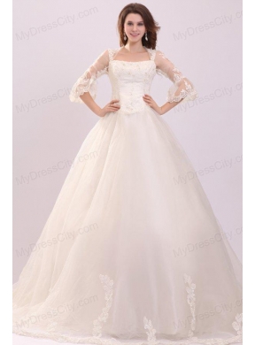 A-line Strapless Appliques Wedding Dress with 3/4 Length Sleeves