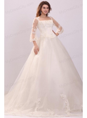 A-line Strapless Appliques Wedding Dress with 3/4 Length Sleeves