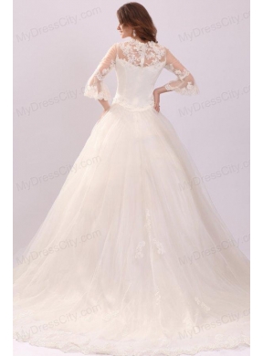 A-line Strapless Appliques Wedding Dress with 3/4 Length Sleeves