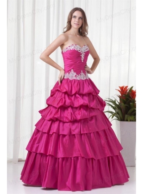 A-line Sweetheart Hot Pink Taffeta Appliques Long Quinceanera Dress