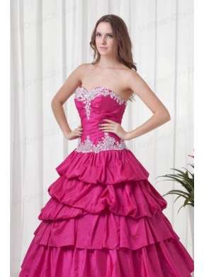 A-line Sweetheart Hot Pink Taffeta Appliques Long Quinceanera Dress