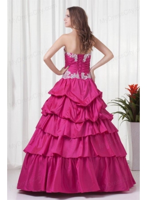 A-line Sweetheart Hot Pink Taffeta Appliques Long Quinceanera Dress