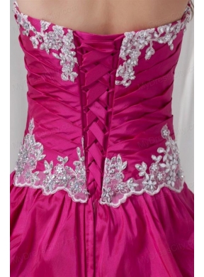 A-line Sweetheart Hot Pink Taffeta Appliques Long Quinceanera Dress