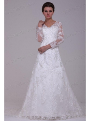 A-Line V-Neck Lace Up Lace Appliques Court Train Wedding Dress with 3/4 Sleeveles