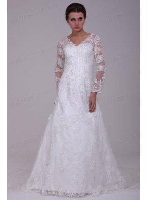 A-Line V-Neck Lace Up Lace Appliques Court Train Wedding Dress with 3/4 Sleeveles