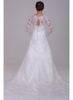 A-Line V-Neck Lace Up Lace Appliques Court Train Wedding Dress with 3/4 Sleeveles