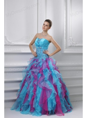 Ball Gown Strapless Organza Beading Ruffles Multi-color Quinceanera Dress