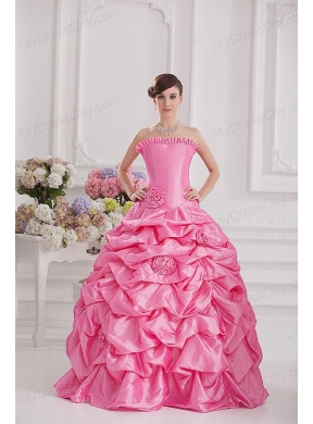 Ball Gown Strapless Pick-ups Rose Pink Quinceanera Dress with Hand Made Flowers