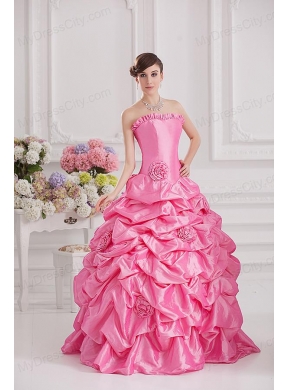 Ball Gown Strapless Pick-ups Rose Pink Quinceanera Dress with Hand Made Flowers