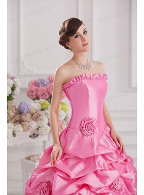 Ball Gown Strapless Pick-ups Rose Pink Quinceanera Dress with Hand Made Flowers