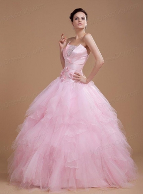 Beading and Ruffles Strapless Organza Quinceanera Dress in Baby Pink