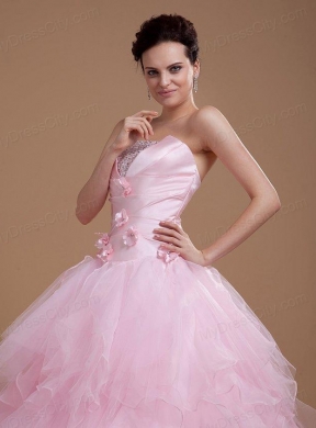 Beading and Ruffles Strapless Organza Quinceanera Dress in Baby Pink