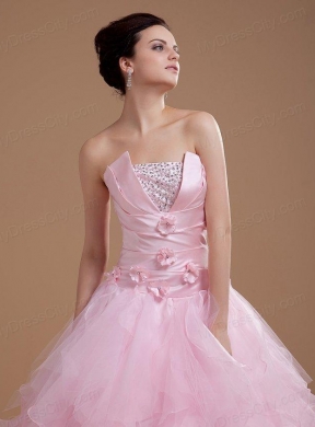 Beading and Ruffles Strapless Organza Quinceanera Dress in Baby Pink