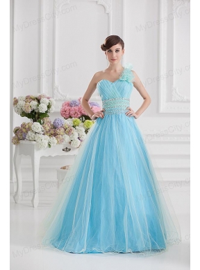 Beautiful A-line One Shoulder Ruching and Beading Aqua Blue Quinceanera Dress