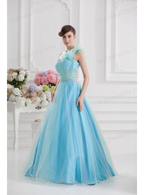 Beautiful A-line One Shoulder Ruching and Beading Aqua Blue Quinceanera Dress