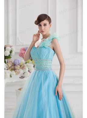 Beautiful A-line One Shoulder Ruching and Beading Aqua Blue Quinceanera Dress