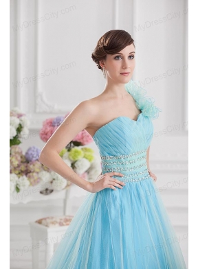 Beautiful A-line One Shoulder Ruching and Beading Aqua Blue Quinceanera Dress