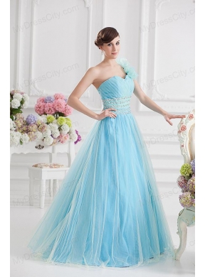 Beautiful A-line One Shoulder Ruching and Beading Aqua Blue Quinceanera Dress