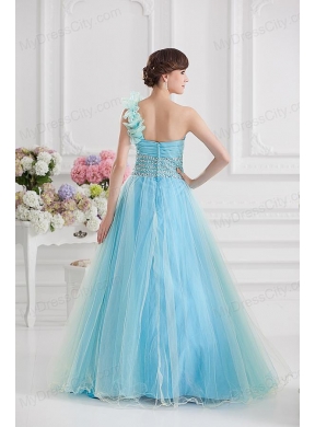 Beautiful A-line One Shoulder Ruching and Beading Aqua Blue Quinceanera Dress