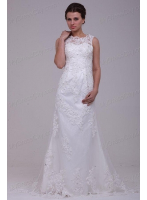 Column High Neck Appliques Lace Wedding Dress with Brush Train