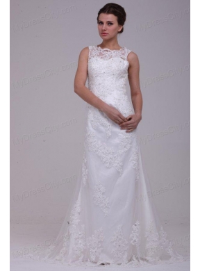 Column High Neck Appliques Lace Wedding Dress with Brush Train