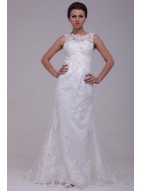 Column High Neck Appliques Lace Wedding Dress with Brush Train