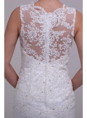 Column High Neck Appliques Lace Wedding Dress with Brush Train